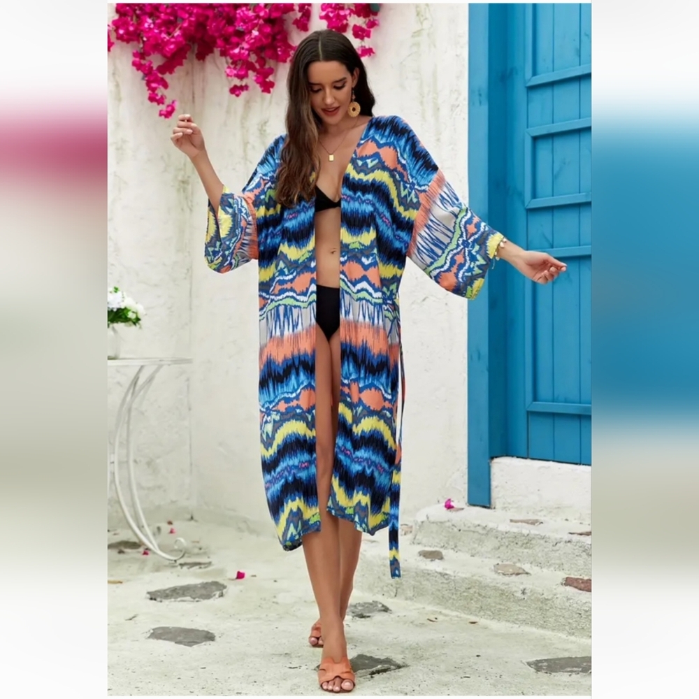 NWOT Blue, Black, White & Orange Bohemian Swim Coverup, Size O/S